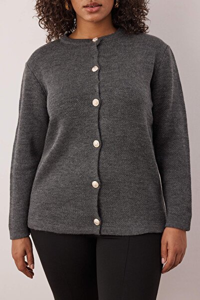 Trendyol Curve سترة تريكو بأزرار وياقة دائرية من أنثراسايت TBBAW25AV00013