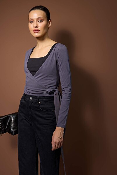 Trendyol Collection Anthracite-Black 2-Pack Tie-Up Detailed Body-Hugging Stretchy Knitted Blouse Twoaw26Bz00102