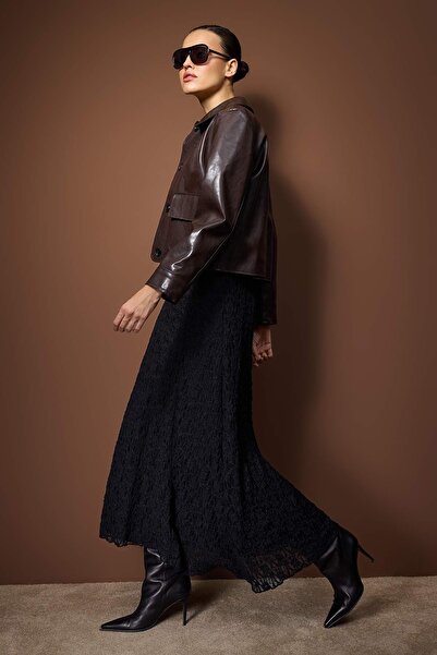 Trendyol Modest Black Lined Lace Fabric Knitted Skirt Tctaw26Ee00017