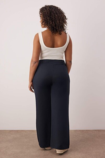 Trendyol Curve Navy Blue Rubber Waist Wide Leg Plus Size Woven Trousers Tbbaw26Ar00019