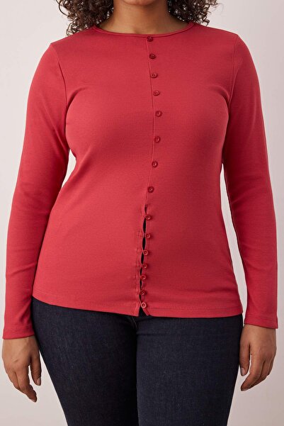 Trendyol Curve Red Button Detailed Crew Neck Ribbed Stretchy Regular Length Knitted Plus Size Blouse Tbbaw26Af00028