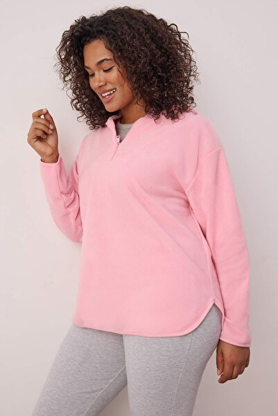 Trendyol Curve Rózsaszín kapucnis vastag polár kötött nagyméretű pulóver TBBAW23AO00064