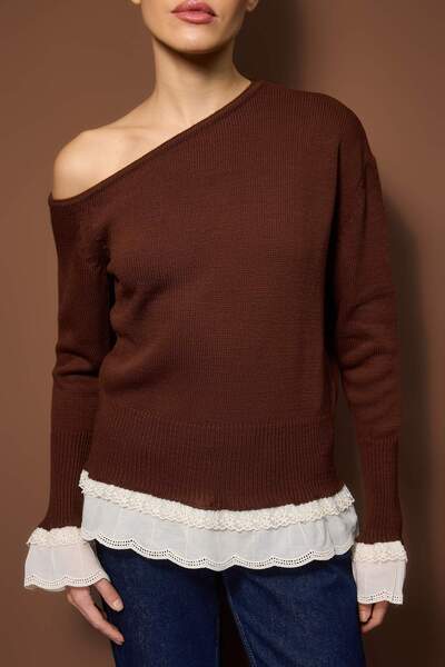 Trendyol Collection Brown Lace Paneled Boat Neck Knitwear Sweater Twoaw26Kz00276