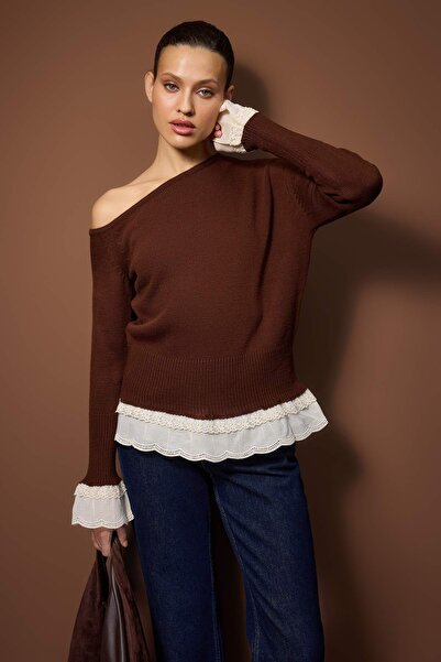 Trendyol Collection Brown Lace Paneled Boat Neck Knitwear Sweater Twoaw26Kz00276