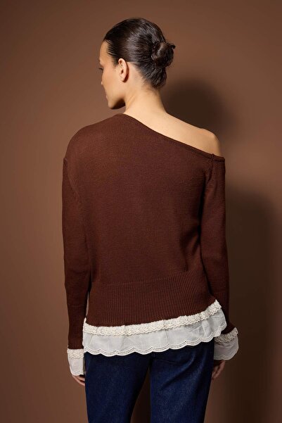 Trendyol Collection Brown Lace Paneled Boat Neck Knitwear Sweater Twoaw26Kz00276