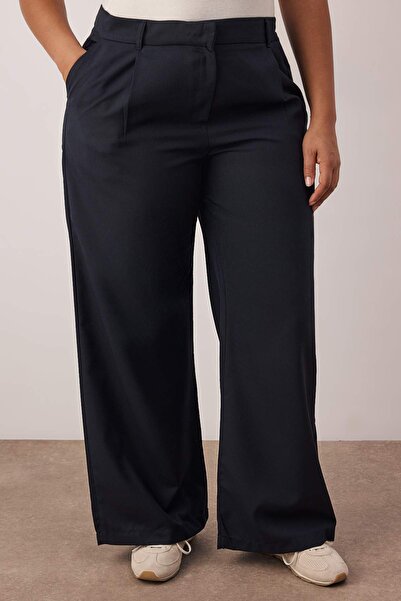Trendyol Curve Navy Blue Rubber Waist Wide Leg Plus Size Woven Trousers Tbbaw26Ar00019