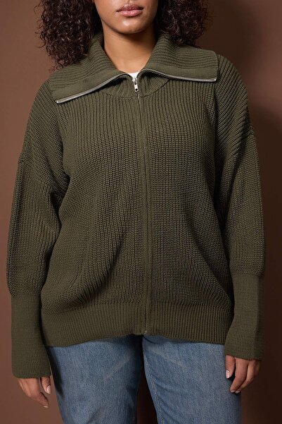Trendyol Curve Khaki Turn-Down Collar Zippered Knitwear Cardigan Tbbaw25Av00009