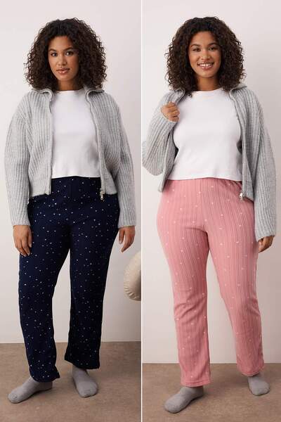 Trendyol Curve Pink-Navy Blue 2-Pack Star and Heart Fleece Winter Knitted Pajama Bottoms Tbbaw26Ia00000