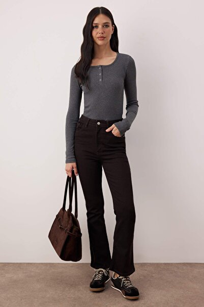 Trendyol Collection Anthracite Snap Fastener Fitted/Fitted Corded Fabric Stretch Knitted Blouse Twoaw25Bz00080