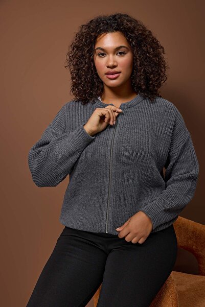Trendyol Curve Anthracite Zippered Crew Neck Knitwear Cardigan Tbbaw25Av00024