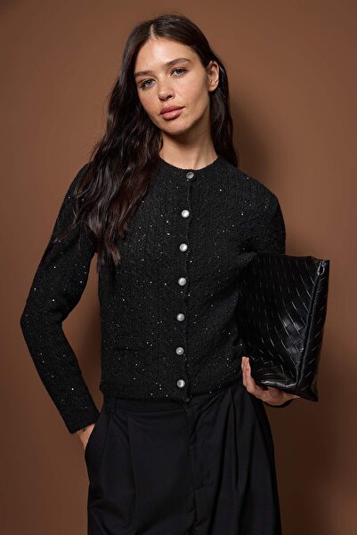 Trendyol Collection Black Sequin Embroidered Hair Knitwear Cardigan Twoaw26Hi00303