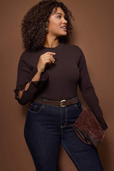 Trendyol Curve Brown Bodycon Slim Knit Blouse Tbbaw24Af00021