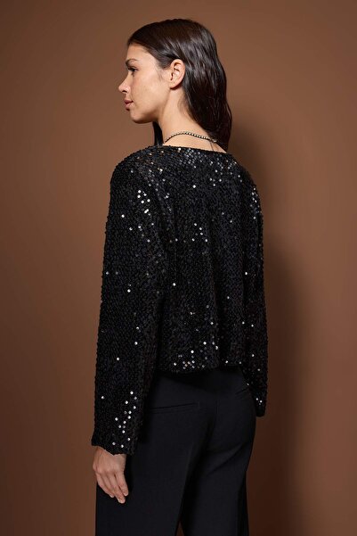 Trendyol Collection Black Sequin Front Tie-Up Jacket Tpraw26Ce00001