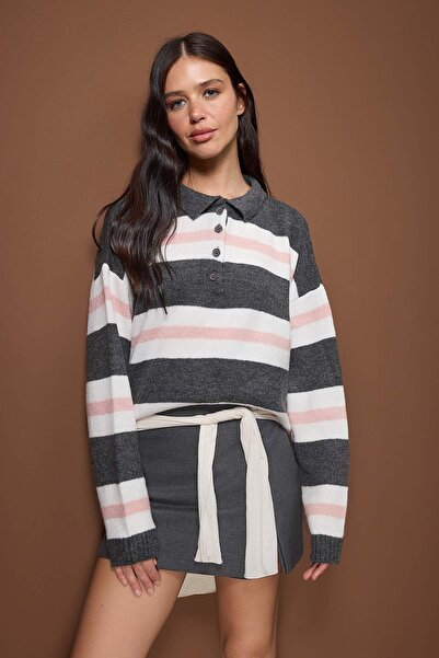 Trendyol Collection Anthracite Polo Neck Burgundy Striped Knitwear Sweater Twoaw26Kz00286