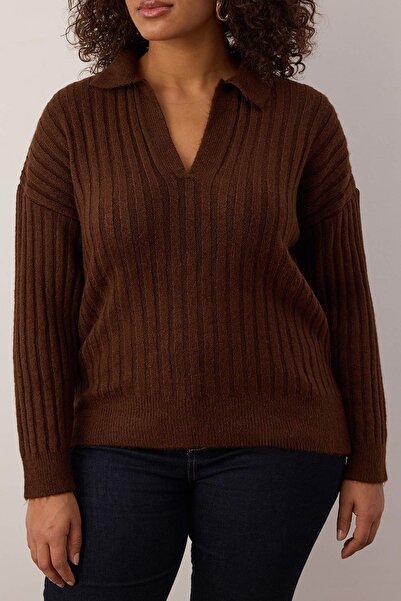 Trendyol Curve Brown Corded Fabric Polo Neck Knitwear Sweater Tbbaw25An00062