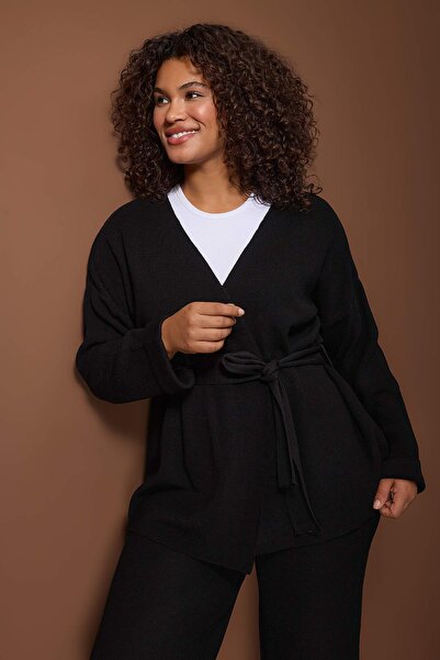 Trendyol Curve Black Midi Length Belted Knitwear Bottom-Top Set Tbbaw26Cp00017