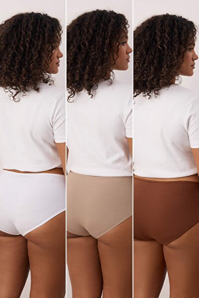 Trendyol Curve Brown-Multicolor 3-Pack Cotton Knitted Stretchy Classic Plus Size Panties Tbbaw25Cm00003