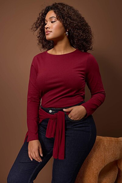 Trendyol Curve Burgundy Cotton Boat Neck Fitted/Fitted Stretch Blouse Tbbaw26Af00027
