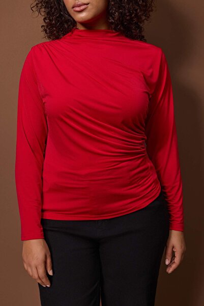 Trendyol Curve Red Sandy Ruched Detail Long Arm Knitted Large Size Blouse Tbbaw26Af00104