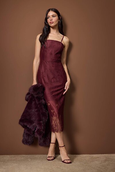Trendyol Collection Plum Bodycon Lace Midi Lined Cocktail Dress Tpraw26El00098