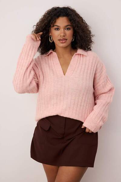 Trendyol Curve Pink Corded Fabric Polo Neck Knitwear Sweater Tbbaw25An00062