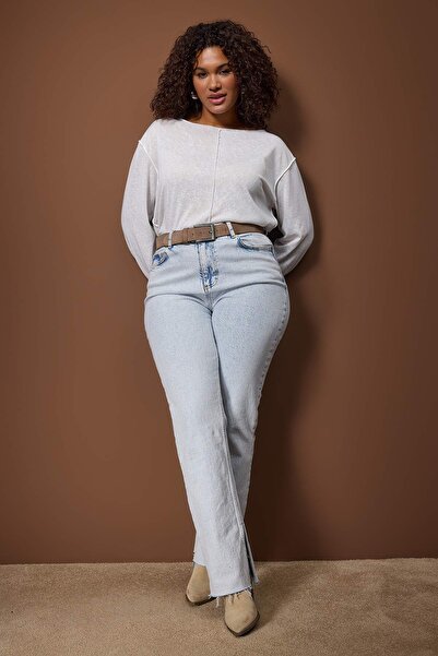 Trendyol Curve White Flared Cotton Knitted Plus Size Blouse