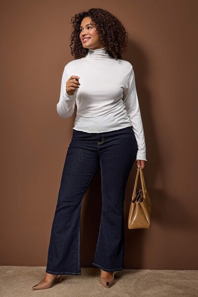 Trendyol Curve Ekru Fake Tricot Mock Neck Transparent Ultra Hafi Knitted Large Size Blouse Tbbaw26Af00113