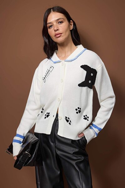 Trendyol Collection Ecru Cat Patterned Polo Neck Knitwear Cardigan Twoaw26Hi00302