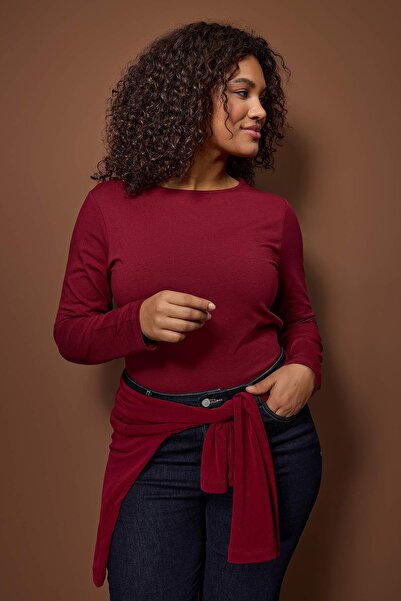Trendyol Curve Burgundy Cotton Boat Neck Fitted/Fitted Stretch Blouse Tbbaw26Af00027