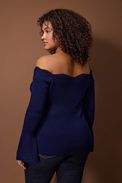 Trendyol Curve Navy Blue Corded Fabric Carmen Collar Knitwear Sweater Tbbaw26An00031