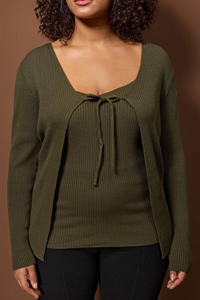 Trendyol Curve Khaki V-Neck Tie Detail Fine Knit Cardigan & Tank Top Set TBBAW23AV00047