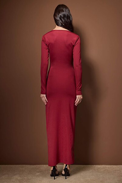 Trendyol Collection Burgundy Bodycon Knitted Stylish Maxi Evening Dress Night Graduation Dress Tpraw26Ae00015