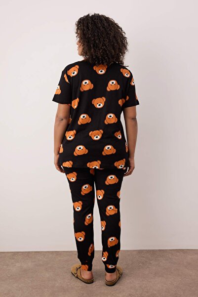 Trendyol Curve Anthracite Teddy Bear Patterned Knitted Pajamas Set TBBAW23AI00039