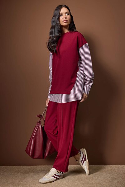 Trendyol Modest Burgundy Striped Woven Fabric Detailed Knitted Top and Bottom Set Tctss25Us00042