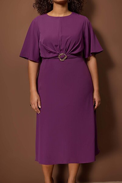 Trendyol Curve Special Collection Plum Straight Accessory Detail Midi Plus Size Woven Dress Tbbaw26Ah00084