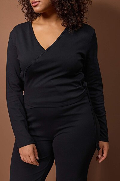 Trendyol Curve Black Double-Breasted Closed-Fitting Long-Sleeved Flexible Knitted Top-And-Bottom Set