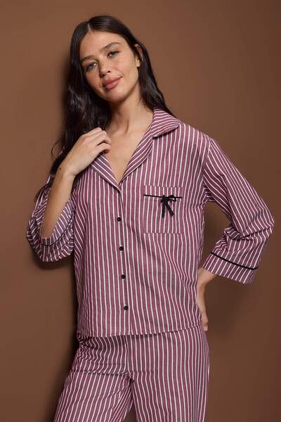 Trendyol Collection Burgundy Striped Poplin Pajama Set THMAW26PT00101