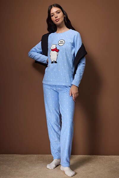 Trendyol Collection Blue Polka Dot Pattern Patchli Fleece Knitted Pajama Set Thmaw26Pt00193