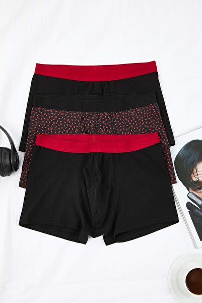 Trendyol Collection Black Patterned-Solid 3-Pack Cotton Boxer Tmnaw22Bx0010