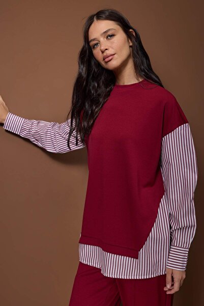 Trendyol Modest Burgundy Striped Woven Fabric Detailed Knitted Top and Bottom Set Tctss25Us00042
