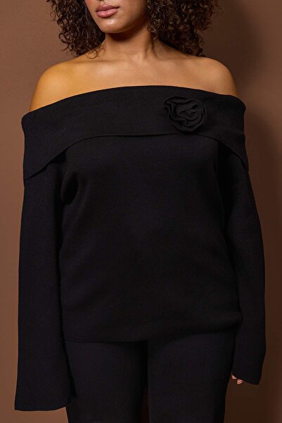 Trendyol Curve Black Carmen Collar Flower Detailed Slim Knitwear Sweater Tbbaw26An0003