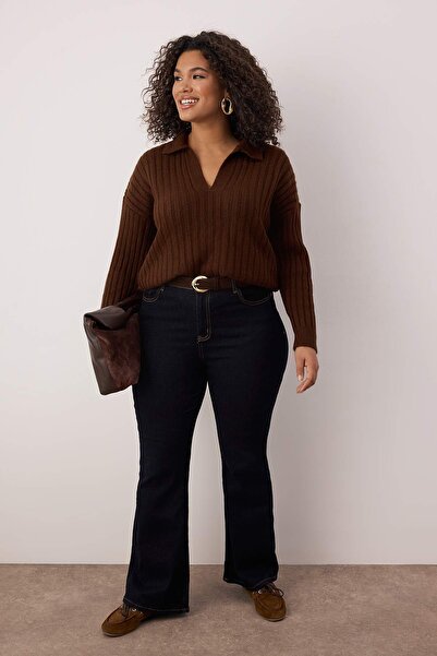 Trendyol Curve Brown Corded Fabric Polo Neck Knitwear Sweater Tbbaw25An00062