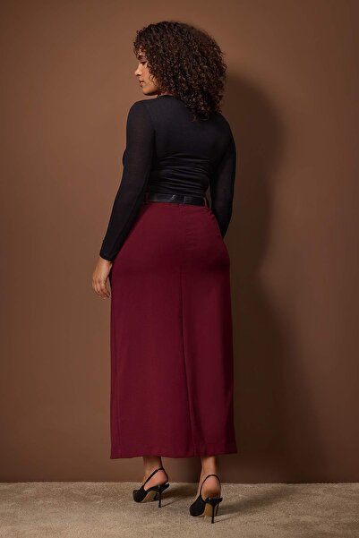 Trendyol Curve Plum Belt and Slit Detailed Maxi Woven Plus Size Skirt Tbbaw26Az00007