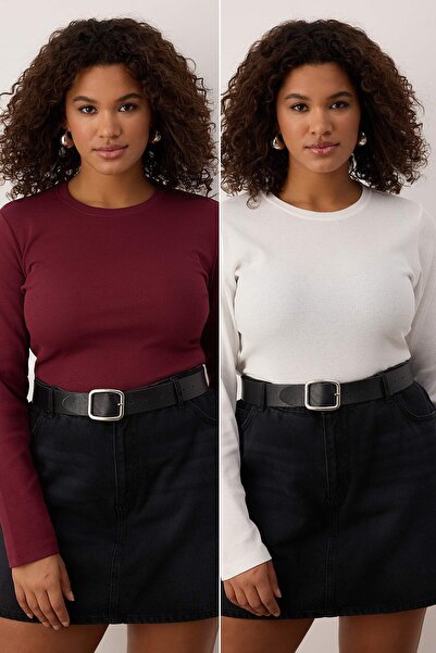 Trendyol Curve Ecru-Burgundy 2-Pack Crop Camisole Knitted Plus Size Blouse Tbbaw26Af00055