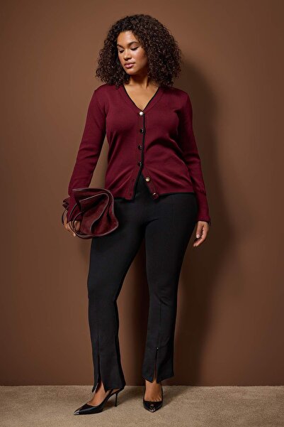 Trendyol Curve Μπορντό Κουμπί Λεπτομερής Ριγέ Πλεκτή Ζακέτα TBBAW24AV00014