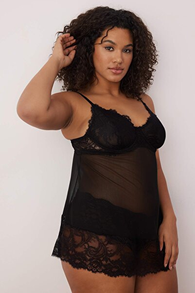 Trendyol Curve Μαύρο χωρίς καπάκια με εσώρουχα με δαντέλα μεγάλου μεγέθους Fancy Babydoll TBBAW26DH00000