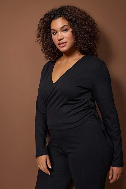 Trendyol Curve Black Double-Breasted Closed-Fitting Long-Sleeved Flexible Knitted Top-And-Bottom Set