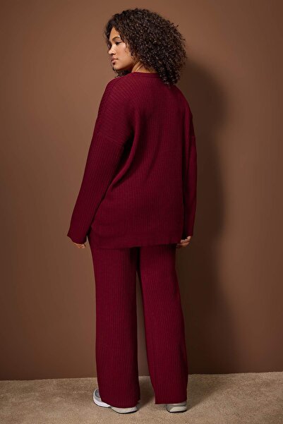 Trendyol Curve Burgundy Ribbed Crew Neck Knitwear Sweater Pants Set Tbbaw23Cp00044