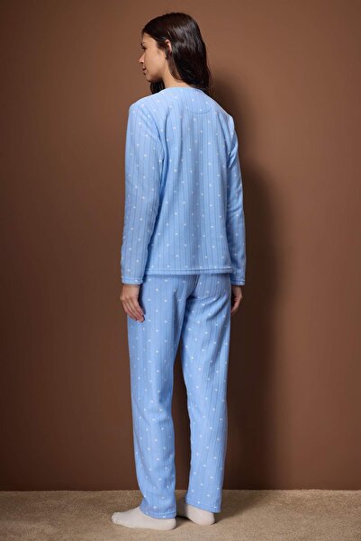 Trendyol Collection Blue Polka Dot Pattern Patchli Fleece Knitted Pajama Set Thmaw26Pt00193