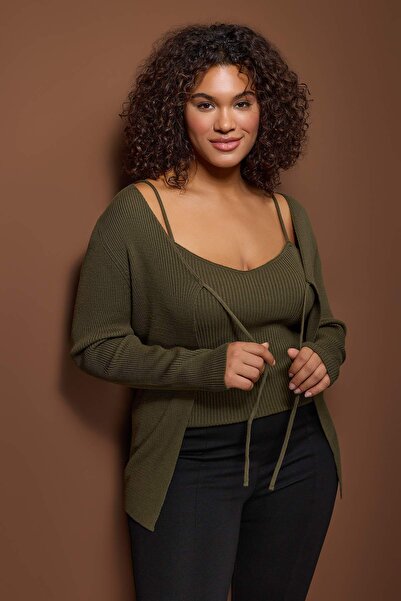 Trendyol Curve Khaki V-Neck Tie Detail Fine Knit Cardigan & Tank Top Set TBBAW23AV00047